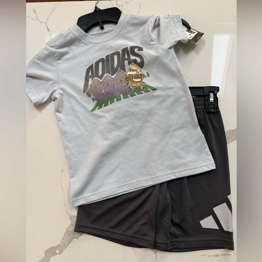 Adidas White Graphic Tee and Black Shorts Set